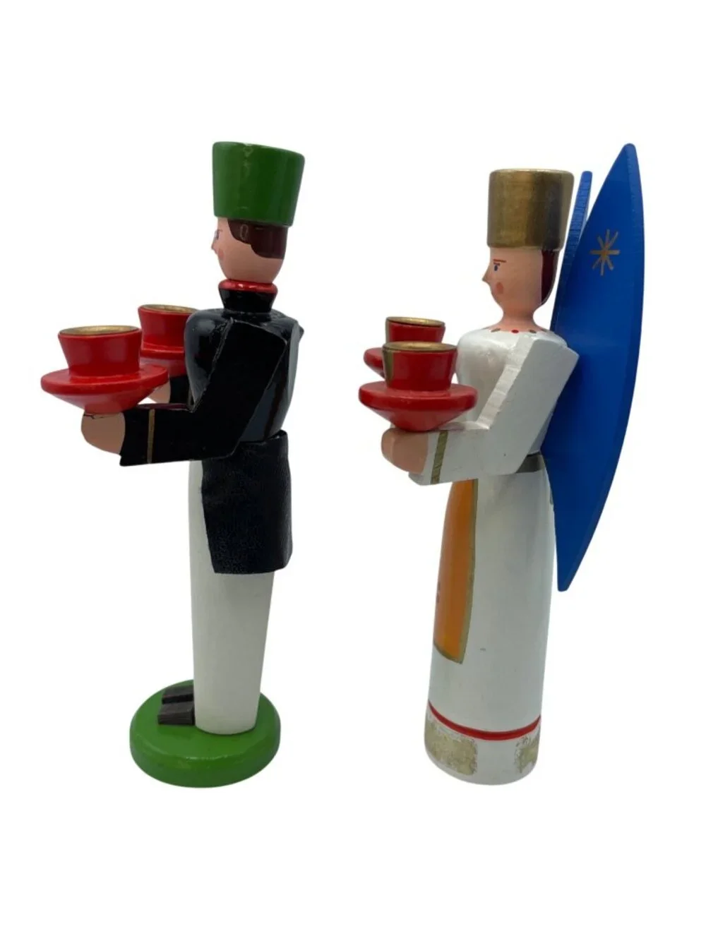 Vintage German Wooden Angel & Miner Candle Holders Hand-Painted Christmas Decor